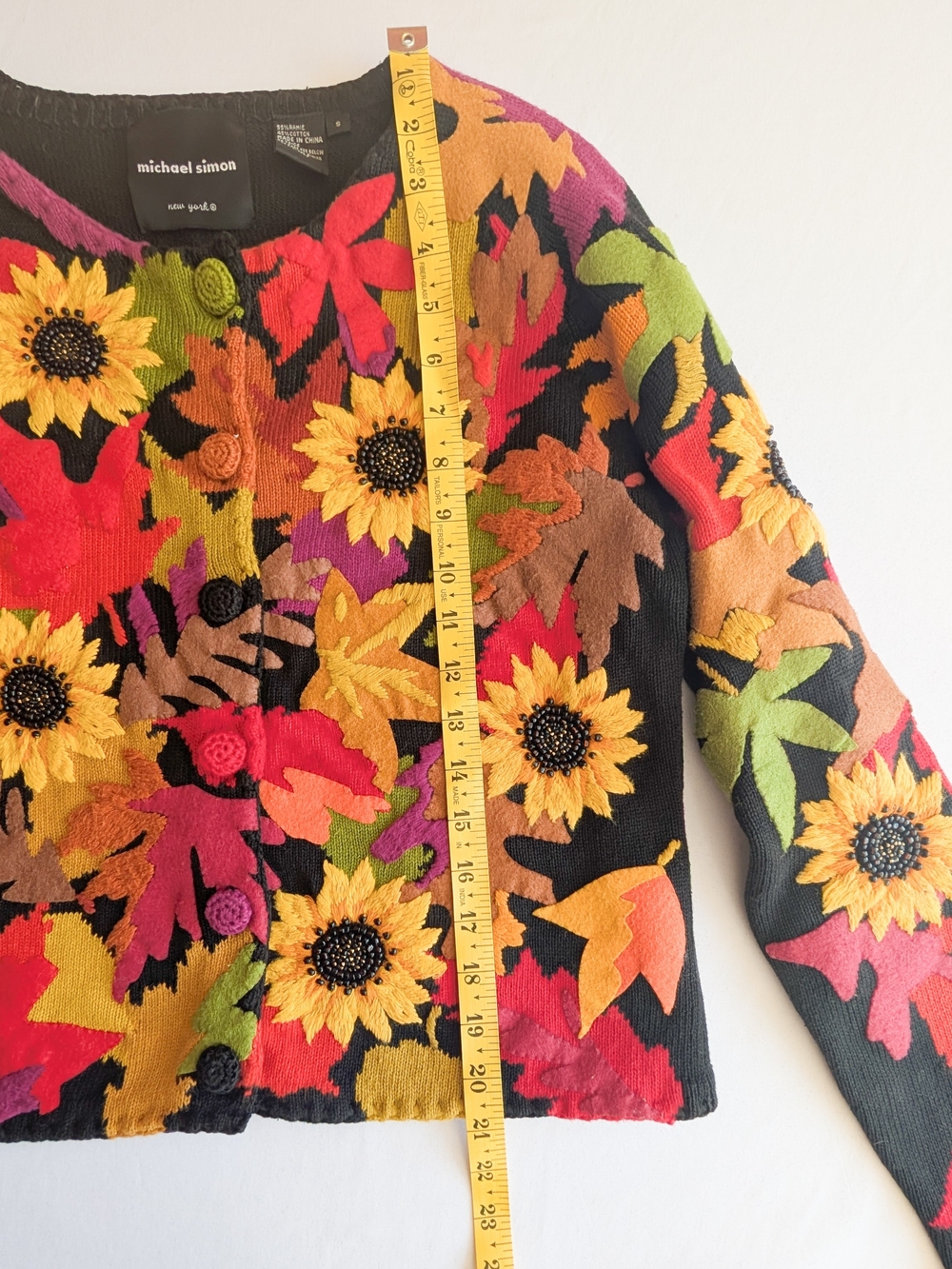Michael Simon 90s cardigan Long Sleeve sweater Autumn Fall Leaves Size Sml - Picture 9 of 13